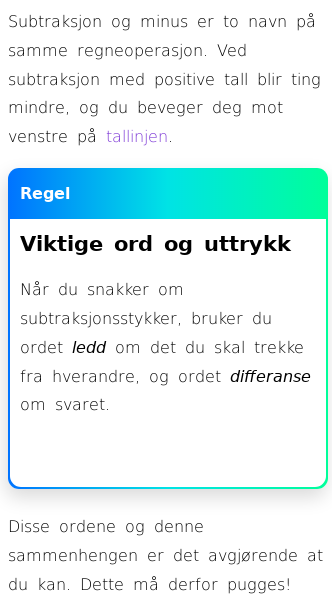 Oppslag om Subtraksjon ved hjelp av tallinjen