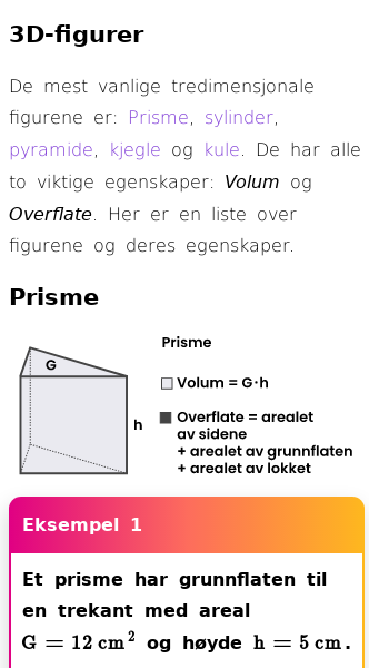 Oppslag om Volum og overflateareal til vanlige romfigurer