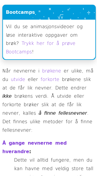 Oppslag om Brøk (Pluss og minus med ulike nevnere)