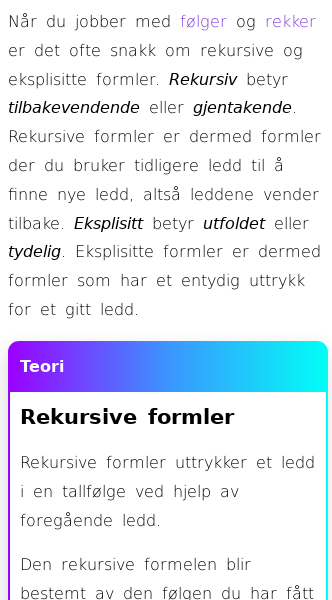Oppslag om Rekursive og eksplisitte formler