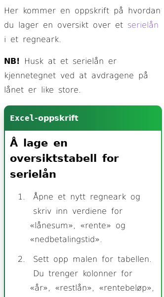 Oppslag om Hvordan sette opp serielån i Excel