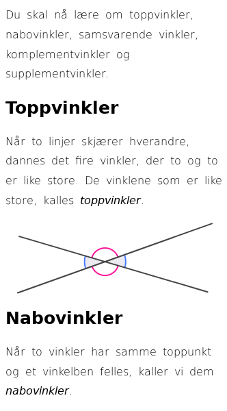 Oppslag om Vinkelpar (Topp-, komplement- og supplementvinkler)