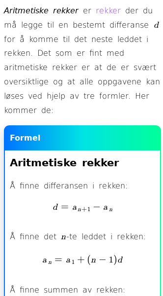 Oppslag om Aritmetiske rekker