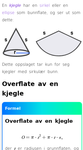 Oppslag om Volumet og overflatearealet av en kjegle