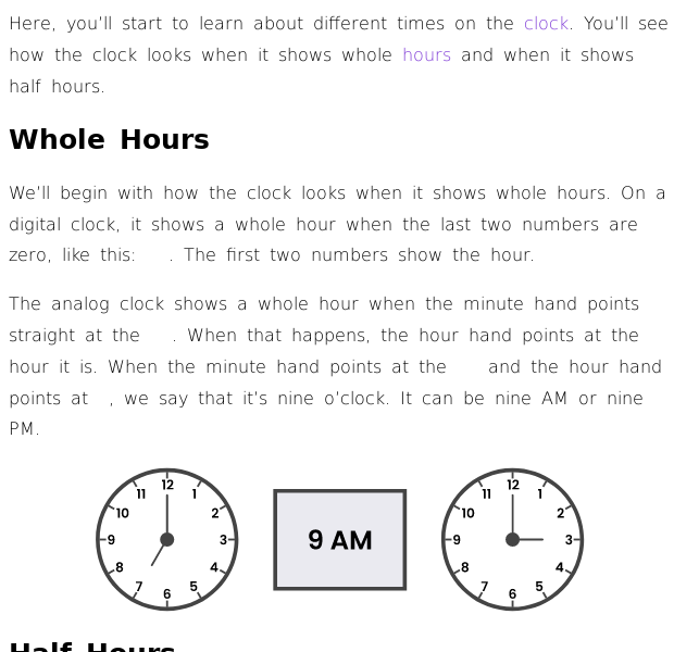 Learning About the Clock (Whole and Half Hours)