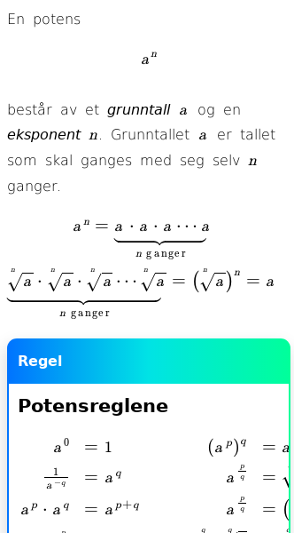 Oppslag om Potenser, kvadratrøtter og n-te røtter